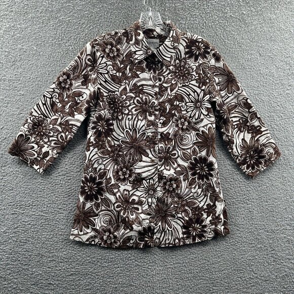 Chicos Womens‎ Top 0 Small  Brown White Floral 100% Linen Button Front Shirt - Picture 1 of 8